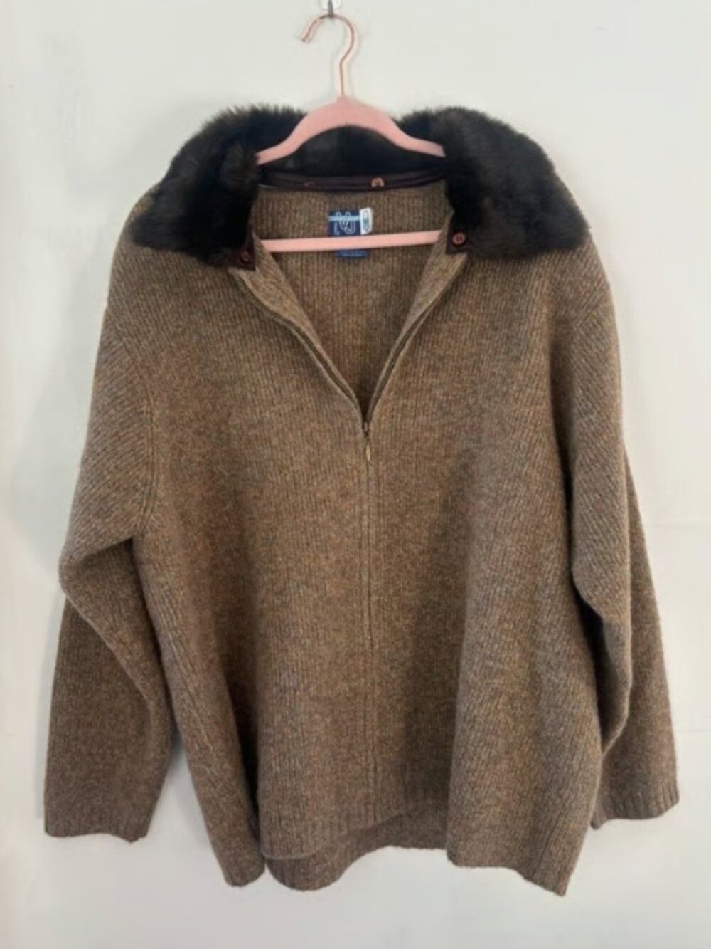 Venezia Jeans 22/24 Brown 100% Wool Zip Sweater with Faux Fur Collar